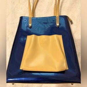 Beijo women’s shiny deep blue and tan patent leather backpack purse bag vegan